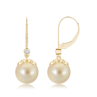 10mm AAA Golden South Sea Cultured Pearl Drop Earrings with Diamond in Yellow Gold