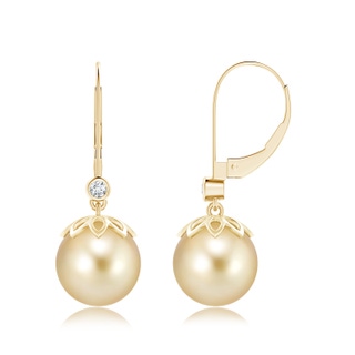 10mm AAAA Golden South Sea Cultured Pearl Drop Earrings with Diamond in Yellow Gold
