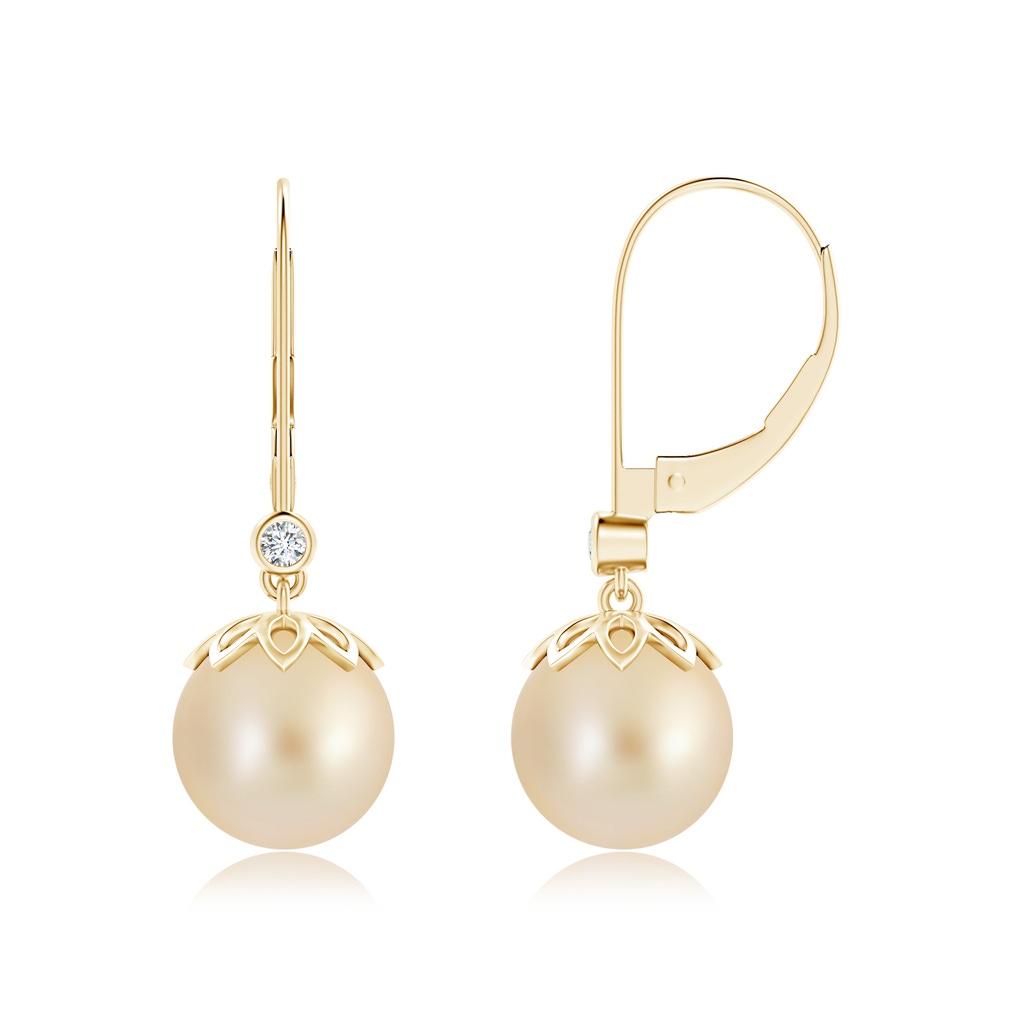 9mm AA Golden South Sea Cultured Pearl Drop Earrings with Diamond in Yellow Gold