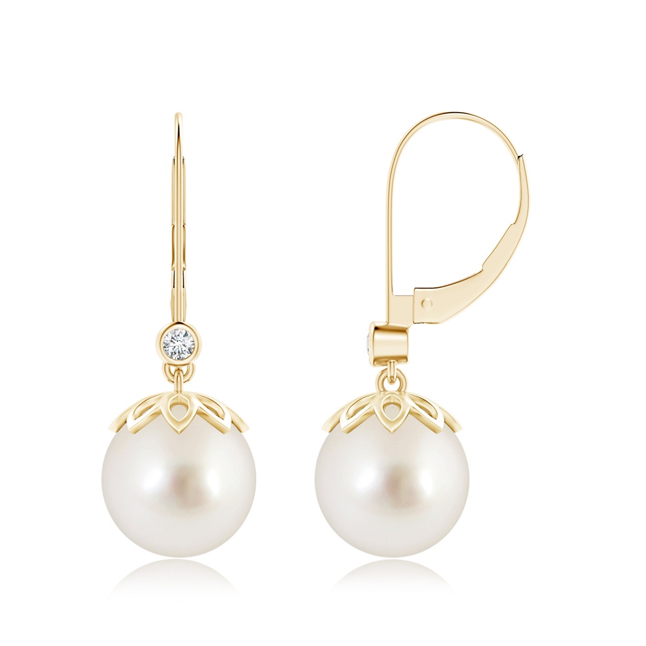 10mm AAAA South Sea Pearl Drop Earrings with Diamond in Yellow Gold 