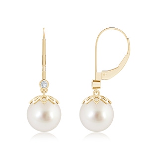 9mm AAAA South Sea Pearl Drop Earrings with Diamond in Yellow Gold