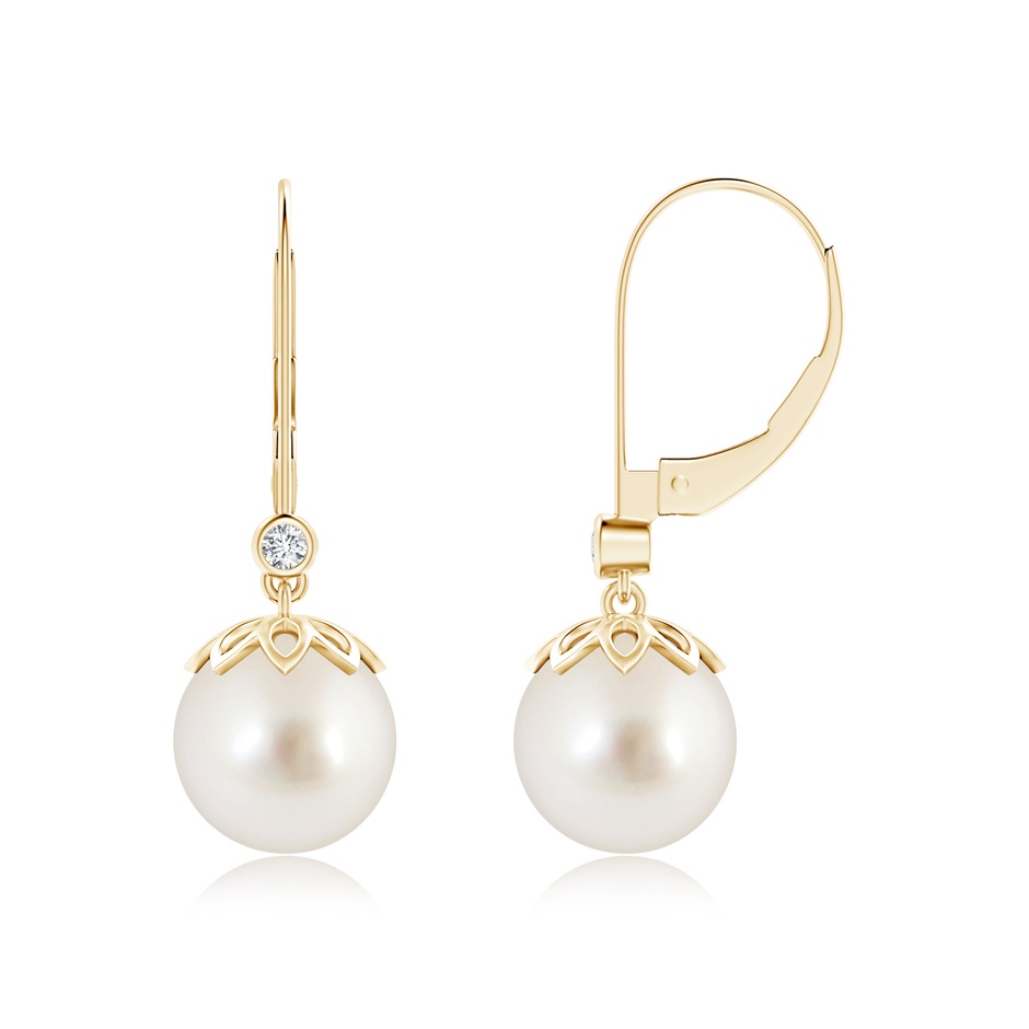 9mm AAAA South Sea Pearl Drop Earrings with Diamond in Yellow Gold 