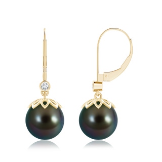 10mm AAAA Tahitian Pearl Drop Earrings with Diamond in Yellow Gold