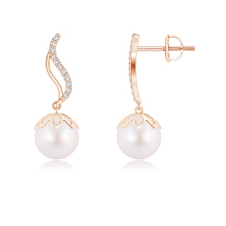 8mm AA Japanese Akoya Pearl Flame Earrings with Diamonds in Rose Gold