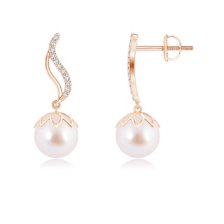 8mm AAA Japanese Akoya Pearl Flame Earrings with Diamonds in Rose Gold