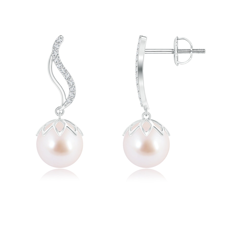 8mm AAA Japanese Akoya Pearl Flame Earrings with Diamonds in White Gold 