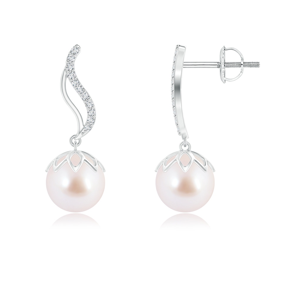 8mm AAA Japanese Akoya Pearl Flame Earrings with Diamonds in White Gold