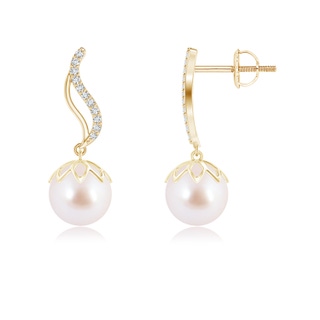 8mm AAA Japanese Akoya Pearl Flame Earrings with Diamonds in Yellow Gold