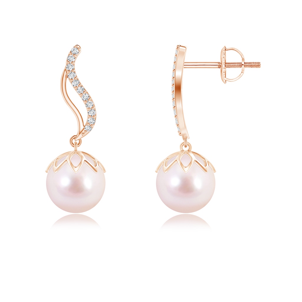 8mm AAAA Japanese Akoya Pearl Flame Earrings with Diamonds in Rose Gold