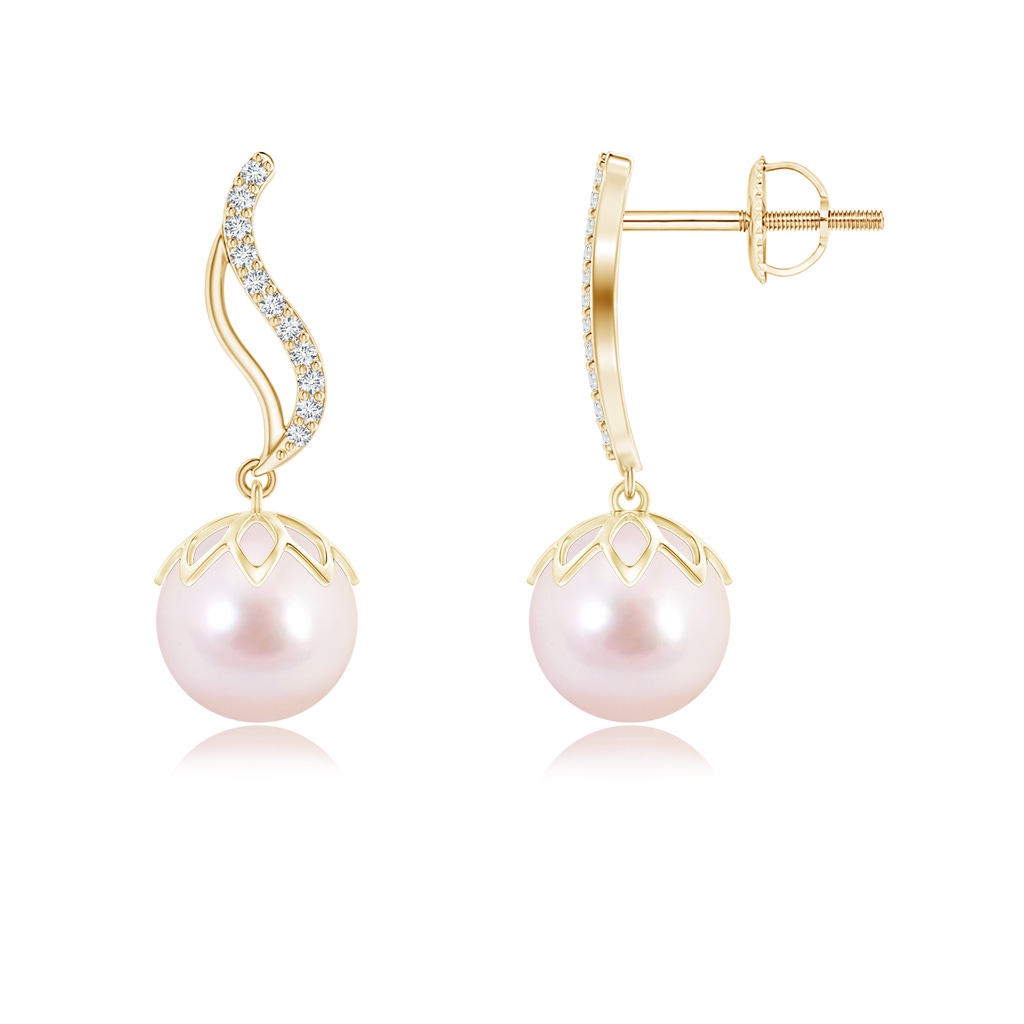 8mm AAAA Japanese Akoya Pearl Flame Earrings with Diamonds in Yellow Gold