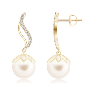10mm AAA Freshwater Cultured Pearl Flame Earrings with Diamonds in Yellow Gold