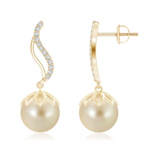10mm AAA Golden South Sea Cultured Pearl Flame Earrings with Diamonds in Yellow Gold