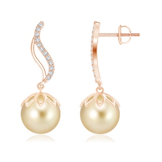 10mm AAAA Golden South Sea Cultured Pearl Flame Earrings with Diamonds in Rose Gold