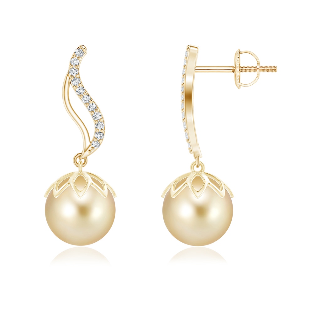 9mm AAAA Golden South Sea Cultured Pearl Flame Earrings with Diamonds in Yellow Gold 