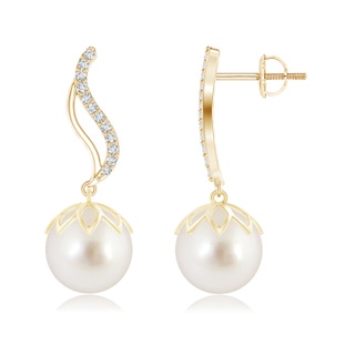 10mm AAAA South Sea Cultured Pearl Flame Earrings with Diamonds in Yellow Gold