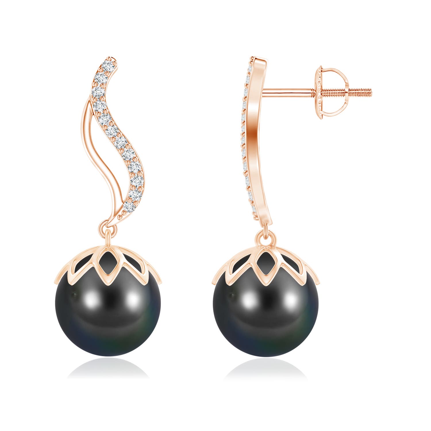 10mm AA Tahitian Pearl Flame Earrings with Diamonds in Rose Gold