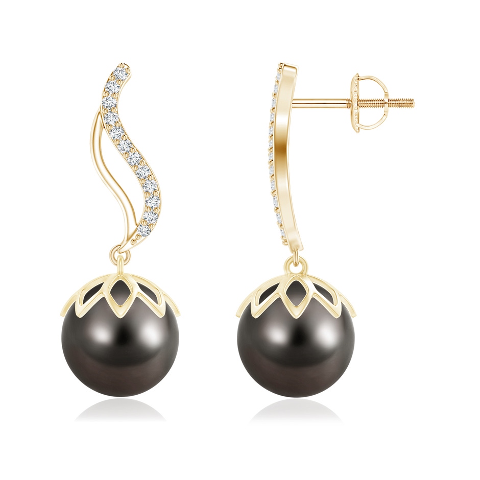 10mm AAA Tahitian Pearl Flame Earrings with Diamonds in Yellow Gold 