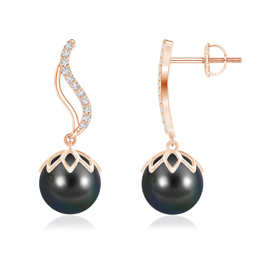 9mm AA Tahitian Pearl Flame Earrings with Diamonds in Rose Gold 