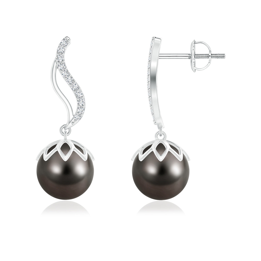 9mm AAA Tahitian Pearl Flame Earrings with Diamonds in White Gold