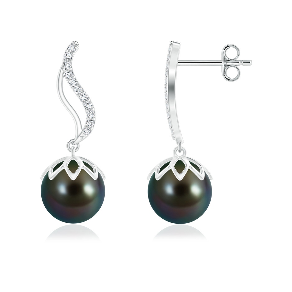 9mm AAAA Tahitian Pearl Flame Earrings with Diamonds in S999 Silver 