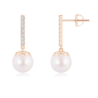 8mm AA Japanese Akoya Pearl and Diamond Bar Drop Earrings in 9K Rose Gold