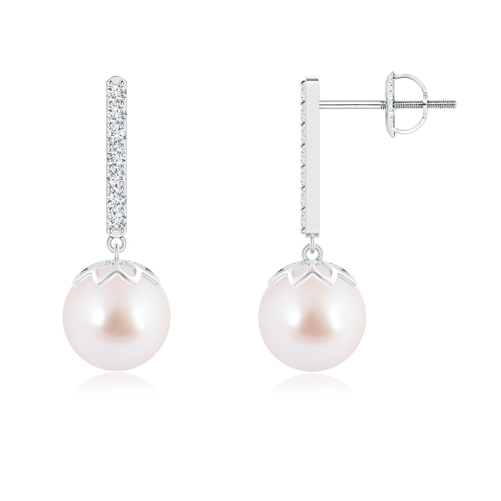 8mm AAA Japanese Akoya Pearl and Diamond Bar Drop Earrings in White Gold