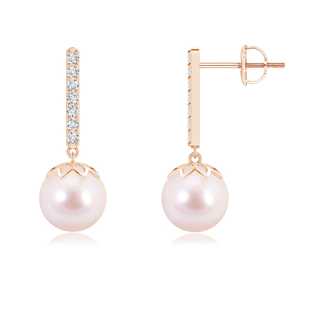 8mm AAAA Japanese Akoya Pearl and Diamond Bar Drop Earrings in Rose Gold