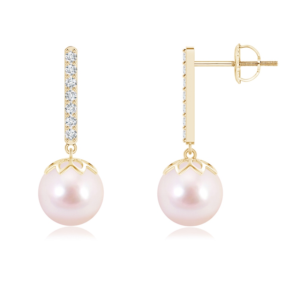 8mm AAAA Japanese Akoya Pearl and Diamond Bar Drop Earrings in Yellow Gold