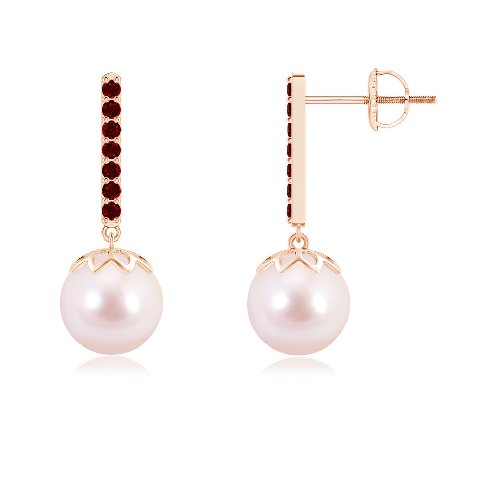 8mm AAAA Japanese Akoya Pearl and Ruby Bar Drop Earrings in Rose Gold 