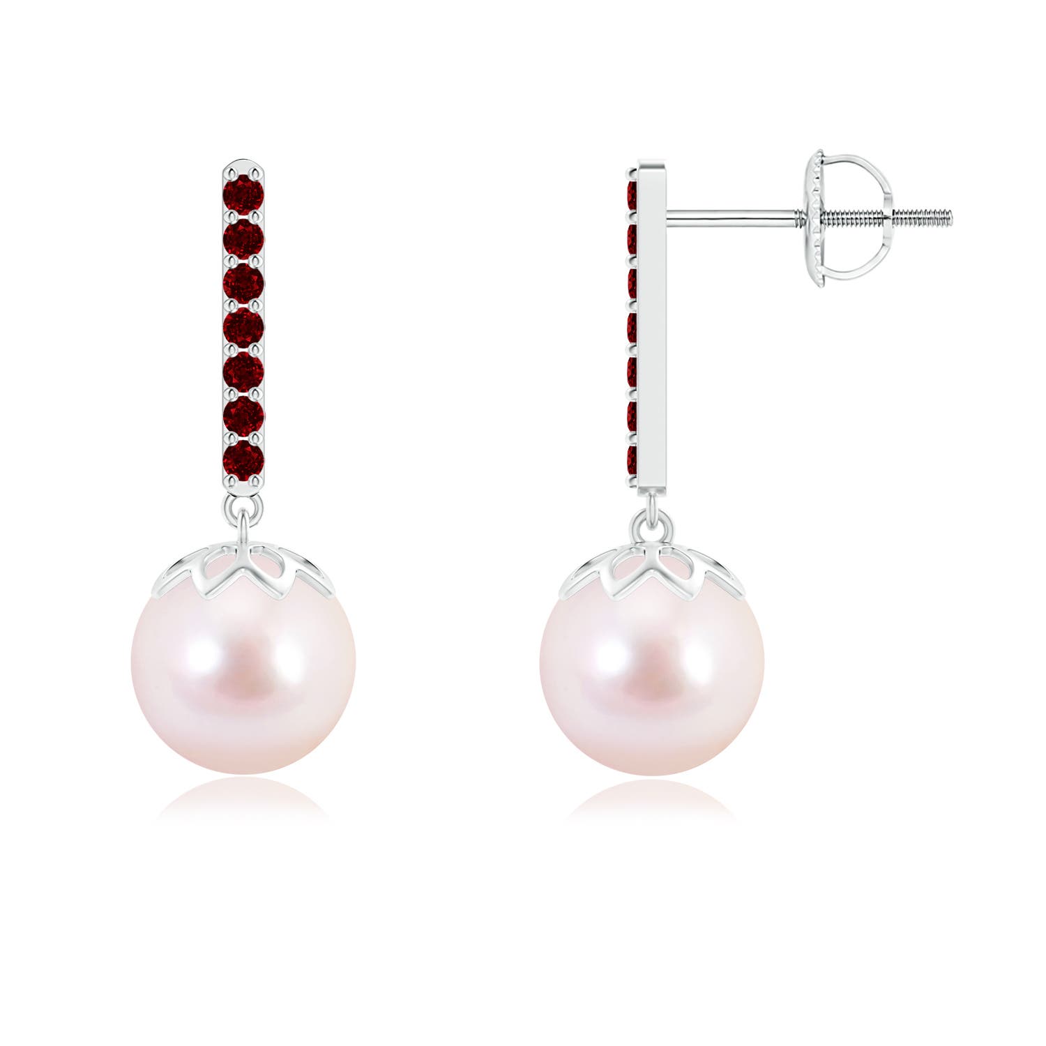 8mm AAAA Japanese Akoya Pearl and Ruby Bar Drop Earrings in White Gold