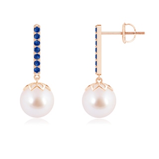 8mm AAA Akoya Cultured Pearl and Blue Sapphire Bar Drop Earrings in Rose Gold