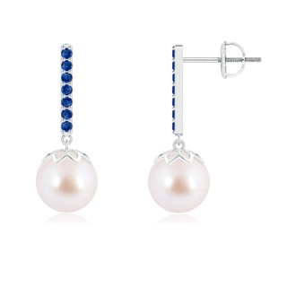 8mm AAA Akoya Cultured Pearl and Blue Sapphire Bar Drop Earrings in White Gold