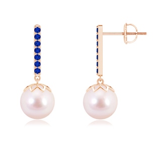 8mm AAAA Akoya Cultured Pearl and Blue Sapphire Bar Drop Earrings in Rose Gold