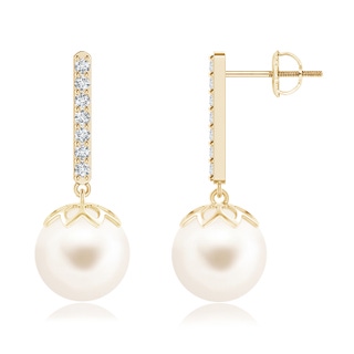 10mm AAA Freshwater Pearl and Diamond Bar Drop Earrings in Yellow Gold