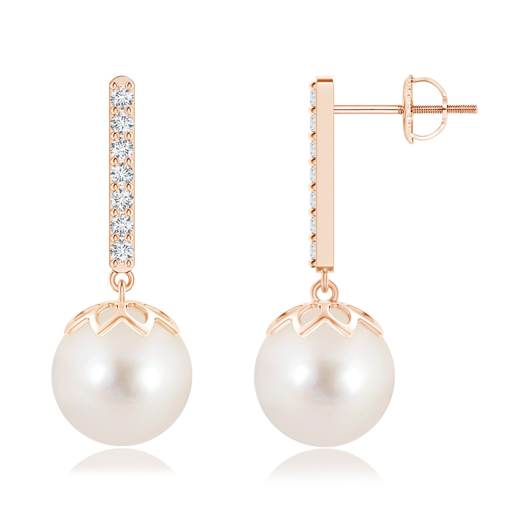 10mm AAAA Freshwater Pearl and Diamond Bar Drop Earrings in Rose Gold