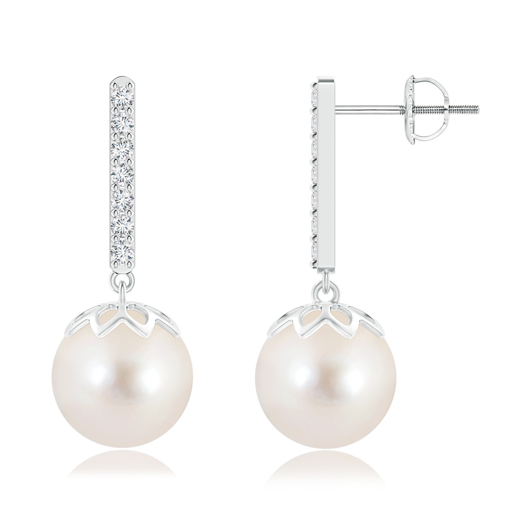 10mm AAAA Freshwater Pearl and Diamond Bar Drop Earrings in White Gold
