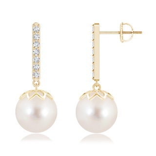 10mm AAAA Freshwater Pearl and Diamond Bar Drop Earrings in Yellow Gold