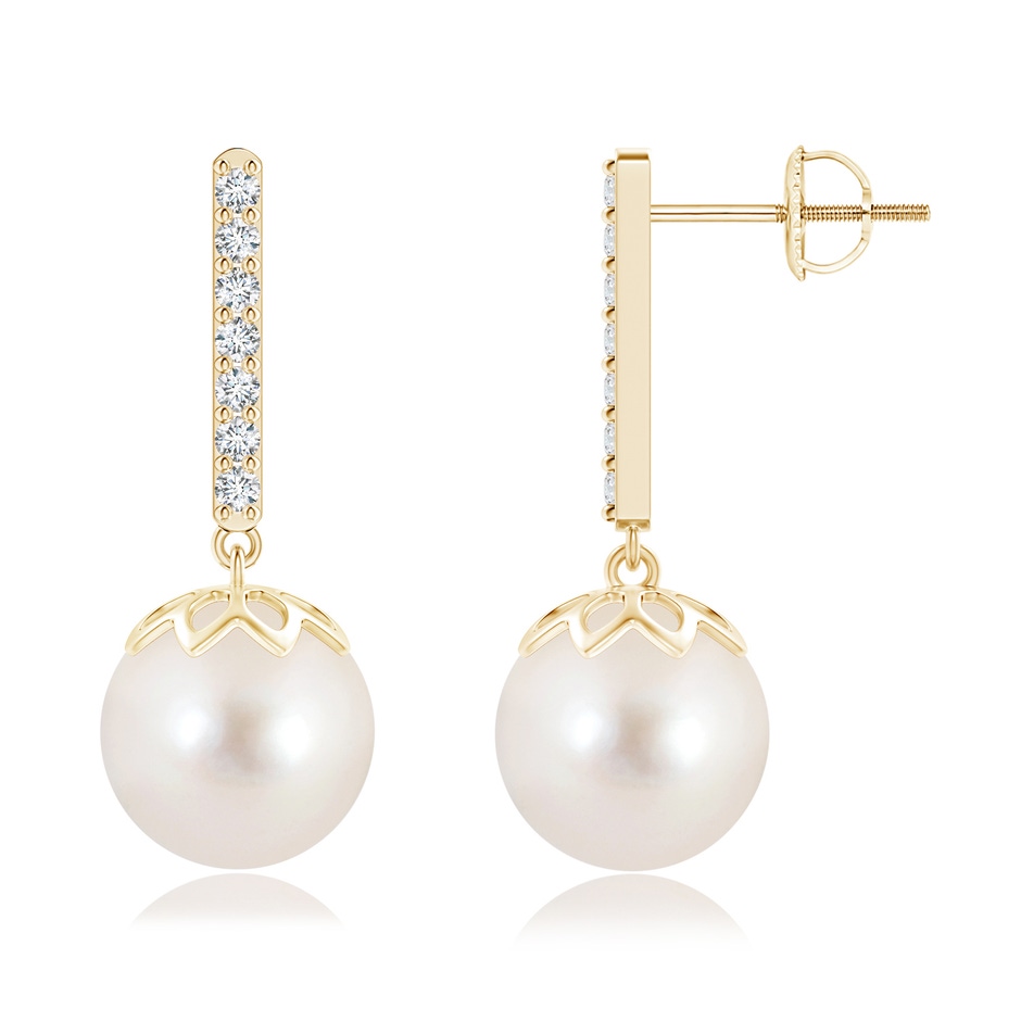 10mm AAAA Freshwater Pearl and Diamond Bar Drop Earrings in Yellow Gold 