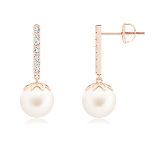 8mm AA Freshwater Pearl and Diamond Bar Drop Earrings in Rose Gold