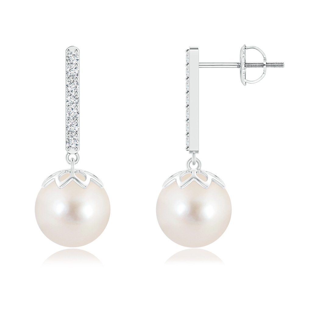 9mm AAAA Freshwater Pearl and Diamond Bar Drop Earrings in White Gold