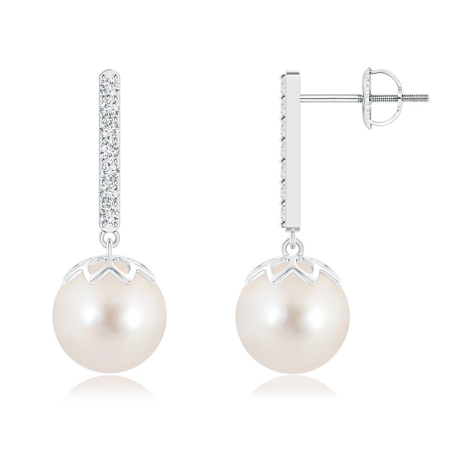 9mm AAAA Freshwater Pearl and Diamond Bar Drop Earrings in White Gold 