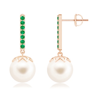 10mm AAA Freshwater Cultured Pearl and Emerald Bar Drop Earrings in Rose Gold