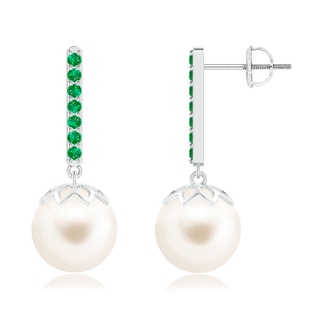 10mm AAA Freshwater Cultured Pearl and Emerald Bar Drop Earrings in White Gold