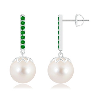 10mm AAAA Freshwater Cultured Pearl and Emerald Bar Drop Earrings in White Gold