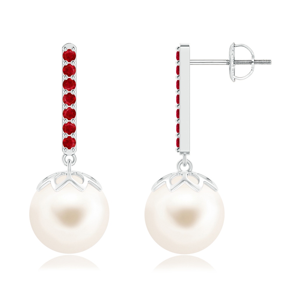 10mm AAA Freshwater Cultured Pearl and Ruby Bar Drop Earrings in White Gold