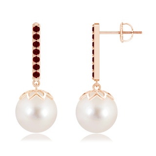 10mm AAAA Freshwater Cultured Pearl and Ruby Bar Drop Earrings in Rose Gold