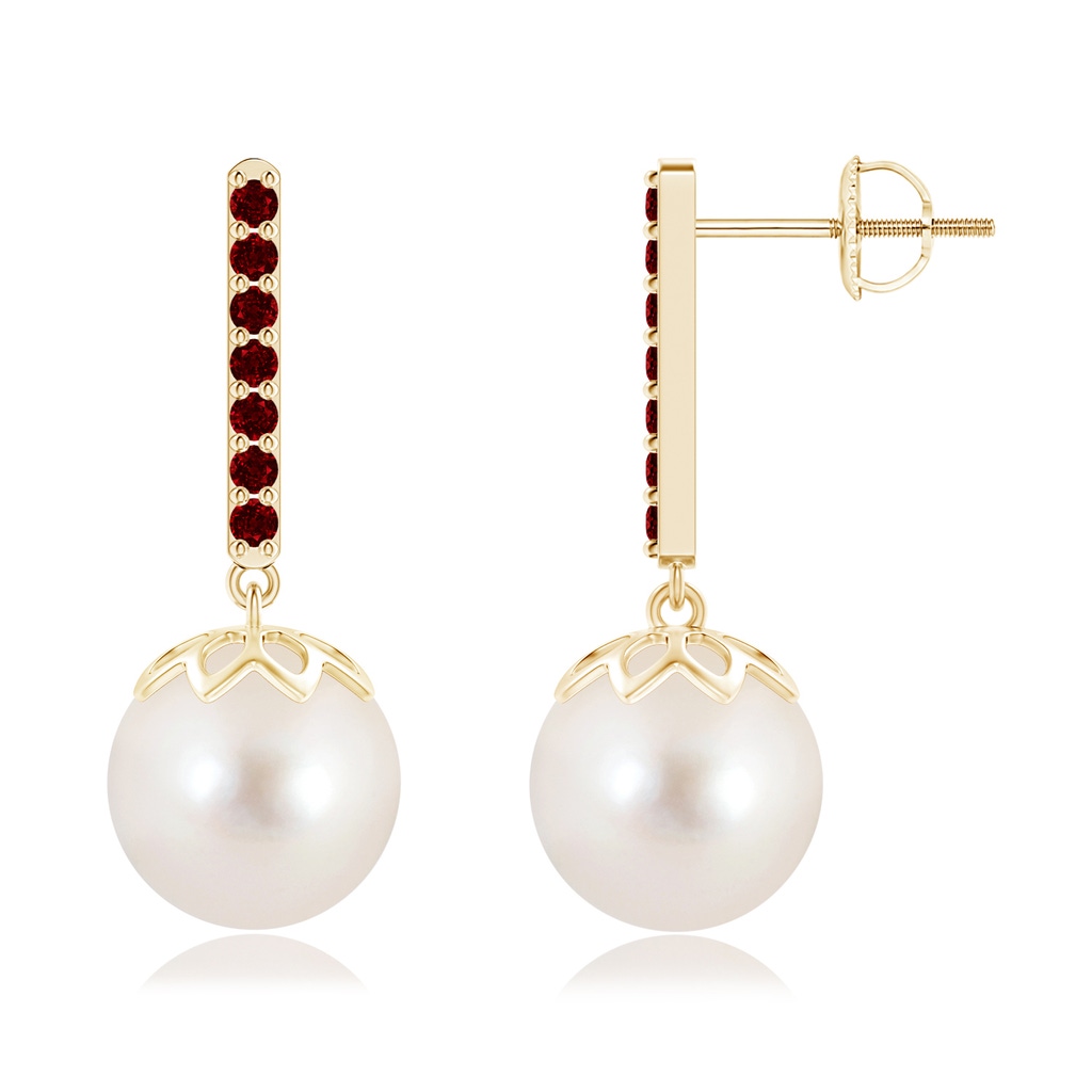10mm AAAA Freshwater Cultured Pearl and Ruby Bar Drop Earrings in Yellow Gold