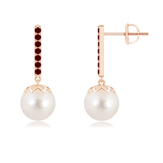 8mm AAAA Freshwater Cultured Pearl and Ruby Bar Drop Earrings in Rose Gold