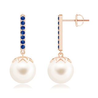 10mm AAA Freshwater Pearl and Sapphire Bar Drop Earrings in Rose Gold