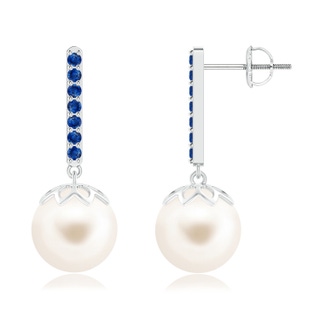 10mm AAA Freshwater Pearl and Sapphire Bar Drop Earrings in White Gold